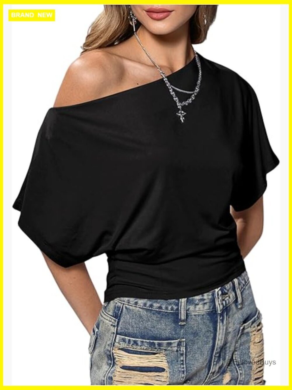 Off Shoulder Crop Top Asymmetrical Y2K Going Out Dolman Short Sleeve Trendy